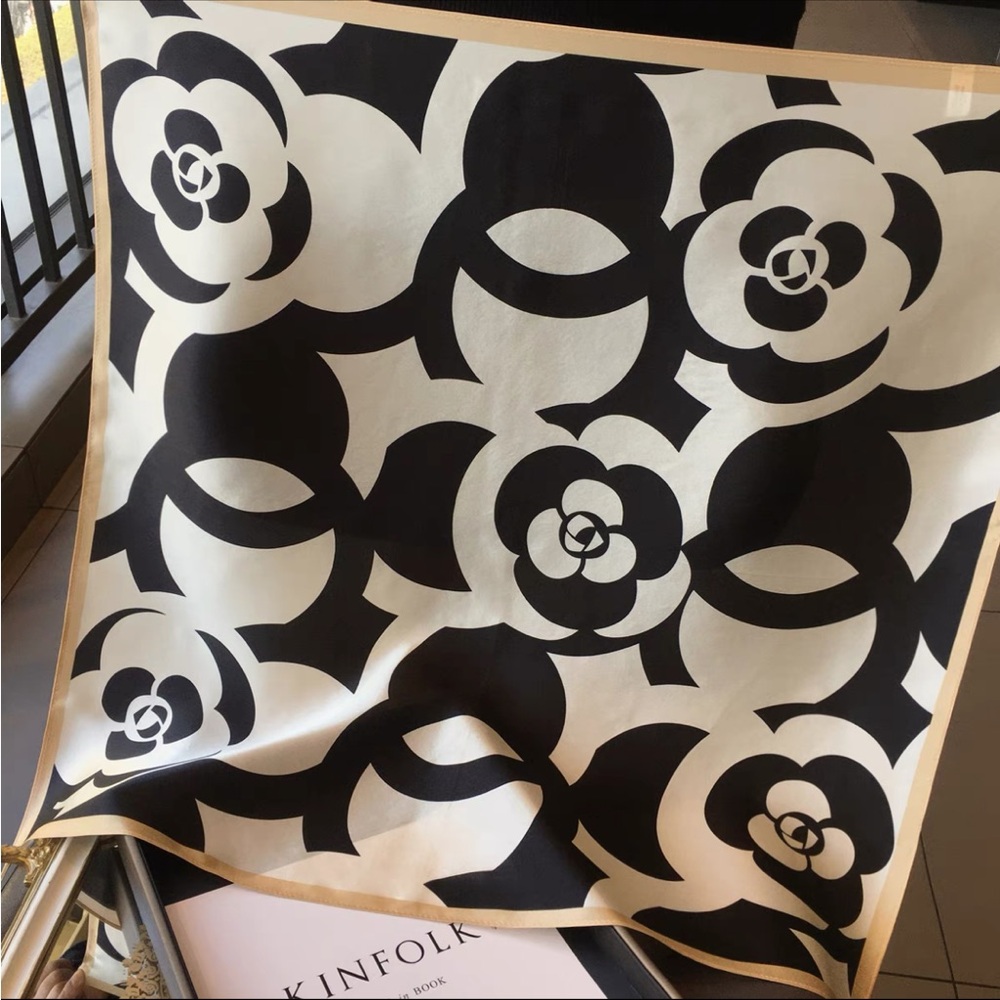 100% Silk Scarf Square Bandana Camellia Black and White